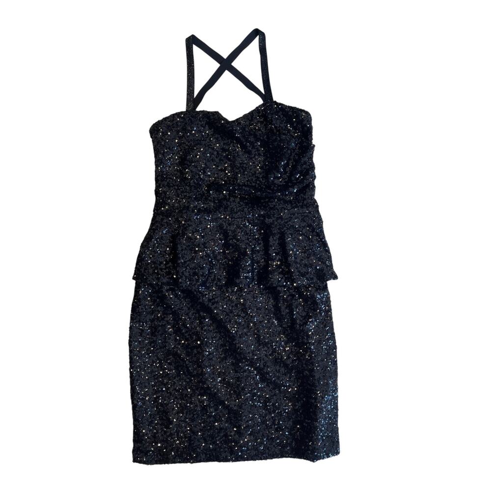 2000s Black Sequin Peplum Mini Dress XS Cross Back Party Cocktail